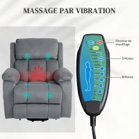 HOMCOM Fauteuil releveur électrique avec fonction massage et chaleur inclinaison réglable revêtement synthétique tissu gris(m-5)