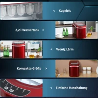 HOMCOM Eiswürfelmaschine, 2, 2 Liter, 12 kg in 24 h, Eiskugeln, selbstreinigend, inkl. Eiswanne + Eisschaufel, Rot(m-7)
