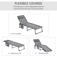 Outsunny Portable Sun Lounger, Folding Camping Bed Cot, Reclining Lounge Chair 5-position Adjustable Backrest with Side Pocket, Pillow for Patio Garden Beach Pool, Grey(m-4)