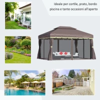 Outsunny Gazebo da Giardino 3x4m con Doppio Tetto, Zanzariera e Tende, Alluminio e Poliestere, Color Caffè(m-7)