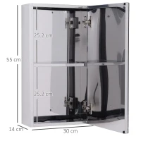 HOMCOM Specchiera Bagno in Acciaio con Anta e Vano Contenitore a 2 Ripiani, 55x14x30cm(m-3)