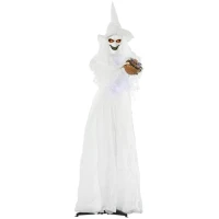 Outsunny 74 Inch Halloween Decorations White Witch Holding Pumpkin Head, Standing Skeleton Ghost Prop Life Size with Light Up Eyes and Body(m-11)