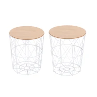 HOMCOM Lot de 2 Tables Basses gigognes Tables d'appoint Rondes encastrables Style néo-rétro Bicolore Structure métal Blanc Plateau MDF Coloris hêtre(m-10)