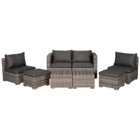 Outsunny 8 Pieces Rattan Garden Furniture Set, Garden Corner Sofa Set with 4 Chairs, 2 Footstools, 2 Coffee Tables and Cushions, Space-Saving Design, No Assembly Required, Grey(m-11)