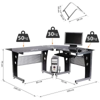 HOMCOM Mesa Esquinera PC Escritorio Ordenador Oficina Dormitorio Hogar Escuela Metal Madera Vidrio de Seguridad(m-3)