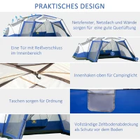 Outsunny Camping Zelt 6-8 Personen Zelt Familienzelt mit Vorraum 2 Fenster Kuppelzelt Kunstleder3000mm für Trekking Festival Glasfaser Blau 518 x 487 x 237 cm(m-6)