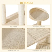PawHut Trespolo per Gatti Multilivello con Tiragraffi in Sisal, Albero per Gatti con Piattaforme e Cuccia in Peluche Beige, 50x50x100cm(m-6)