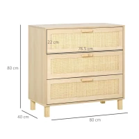 HOMCOM Cassettiera a 3 Cassetti in Legno e Rattan Stile Boho Chic, 80x40x80cm(m-3)
