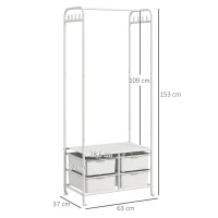 HOMCOM Perchero Zapatero con Ruedas para Recibidor con 8 Ganchos 4 Cestas para Zapatos y Marco de Acero 63x37x153 cm Blanco(m-3)