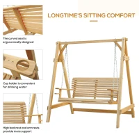 Outsunny 2 Seater Garden Swing Seat, Wooden Swing Chair Bench with Cup Holders for Outdoor Porch Patio, Natural(m-6)