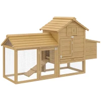 PawHut Gallinero de Madera para Exterior Jaula para 2-3 Gallineras con 2 Corrales de Alambre Techo Abrible Caja Nido Bandeja Extraíble y Rampa 150,5x54x87 cm Natural(m-1)