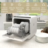 HOMCOM Kompakter Tischgeschirrspüler, 4 Gedecke, Trockenmodus, 6L Tank/Wasserhahn, Startverzögerung, LED, Weiß(m-8)