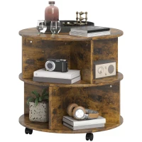 HOMCOM Round Coffee Table with Wheels, 3-Tier Rolling Side Table for Living Room with Divided Shelves, Rustic Brown(m-11)