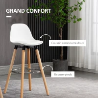 HOMCOM Lot de 2 tabourets de bar, chaises de bar en PU avec dossier et repose-pieds, assise rembourrée 69 cm, pieds en bois, style moderne, tabourets hauts pour cuisine, salle à manger, salon, blanc(m-5)