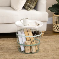 HOMCOM Mesita Auxiliar con Tapa Cesta de Alambre Apilable de Acero para Dormitorio Baño Salón Ø39,5x40,8 cm Verde(m-2)