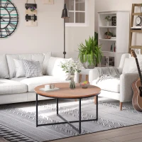 HOMCOM Couchtisch rund in Holzoptik, Kaffeetisch, Metallbeine, Spanplatte, Braun, Ø80 x H45 cm(m-2)