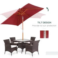 Outsunny 2m x 1.5m Garden Parasol Umbrella with Tilting Sunshade Canopy, Outdoor Market Table Umbrella with Wood and Bamboo Frame, Wine Red(m-4)