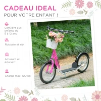 HOMCOM Trottinette patinette Enfant Grandes Roues pneumatiques Guidon réglable Frein AV-AR Garde-Boue béquille Panier métal Rose Blanc(m-5)