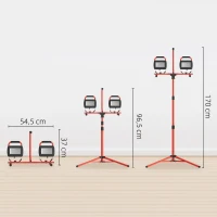 HOMCOM Foco LED Doble con Trípode Plegable 8500 Lúmenes IP65 6500K y Cabezas Ajustables para Trabajo Interior y Exterior Rojo(m-3)