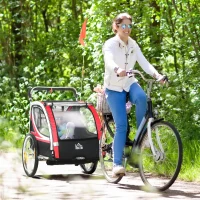 HOMCOM Rimorchio Bici per Bambini e Passeggino, Design 2 in 1 con Freno, Cintura a 5 Punti, Carrello Rimorchio per Bicicletta con Tasche Laterali, Catarifrangenti e Bandierina, Rosso(m-2)