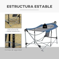 Outsunny Hamaca de Jardín con Soporte Plegable con Cama de Tela Oxford y Malla Transpirable Bolsillo de Almacenaje y Portátil con Bolsa 235,5x82x90,5 cm Azul y Plata(m-5)