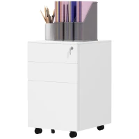 Vinsetto 3-Drawer Vertical Filing Cabinet with Pencil Tray, Lock and 5 Wheels, Steel Mobile File Cabinet, for A4, Legal and Letter Size, Pre-Assembled Body, White(m-11)