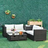 Outsunny 4 Pieces Rattan Garden Furniture Set, 4 Seater Corner Sofa Set with Storage Box, 2 Drawers Coffee Table, Loveseats with Cushions, Wicker Garden Conservatory Furniture for Balcony, Brown(m-10)