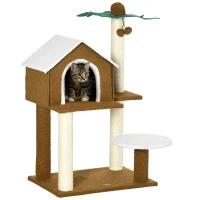PawHut Árbol Rascador para Gatos con Caseta Plataformas Poste en Forma de Palmera y Bolas Colgantes 55x40x89 cm Marrón(m-1)