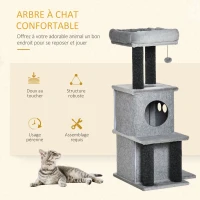 PawHut Arbre à chats design cosy chic multi-équipements centre d'activités niches plateformes lit jeu boule feutres amovibles lavables panneaux de particules peluche courte 48 x 48 x 100 cm gris(m-4)