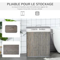 HOMCOM Panier à linge 100L avec 2 bacs bambou pliable couvercle poignée avec Sac amovible et lavable gris(m-5)