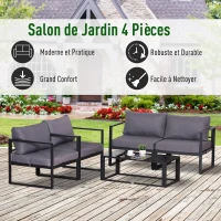 Outsunny Ensemble Salon de Jardin Design Contemporain Style Yachting 4 Places avec Coussins et Table Basse Plateau Verre trempé alu. Gris(m-4)
