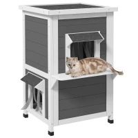 PawHut Casa para Gatos de 2 Niveles 60x60x81,5 cm con Cueva Cortina de Puerta Aleros Impermeables y Terraza Gris y Blanco(m-1)