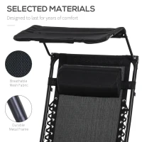 Outsunny 2 Piece Foldable Reclining Garden Chair with Headrest, Zero Gravity Deck Sun Lounger Seat Chair with Footrest, Armrest, Cup Holder & Canopy Shade, Black(m-5)