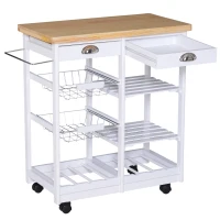 HOMCOM Chariot de service desserte de cuisine à roulettes multi-rangements 74L x 37l x 76H cm plateau bois massif pin châssis MDF blanc(m-10)