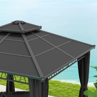 Outsunny 3 x 3 (m) Outdoor Polycarbonate Gazebo, Double Roof Hard Top Gazebo with Galvanised Steel Frame, Nettings & Curtains for Garden, Lawn, Patio and Deck, Dark Grey(m-9)