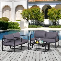 Outsunny Ensemble Salon de Jardin Design Contemporain Style Yachting 4 Places avec Coussins et Table Basse Plateau Verre trempé alu. Gris(m-2)