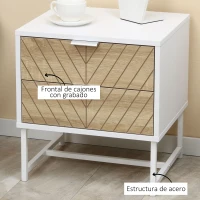 HOMCOM Mesita de Noche con 2 Cajones con Patas de Acero Mesilla Auxiliar para Salón Dormitorio 45x39x48cm Blanco y Roble(m-6)