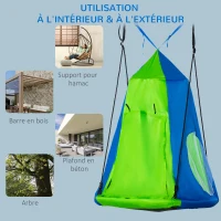 Outsunny Balançoire nid d'oiseau Ronde avec Tente Amovible Ø 100 cm 4 Anneaux Inclus métal époxy Oxford Haute densité - Vert et Bleu(m-5)