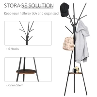 HOMCOM Freestanding Metal Coat Rack Stand 9 Hooks Clothes Tree with 1 Shelf Hat Display Hall Tree Hanger Bag Umbrella Hanging Organiser Brown(m-4)