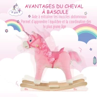 HOMCOM Cheval à Bascule modèle Licorne avec Sons Authentiques Selle Grand Confort Bois de peuplier Rose dim. L74 x l33 x 62H cm(m-6)