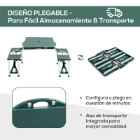 Outsunny Mesa Maleta de Camping Plegable Portátil 4 Asientos y Agujero Sombrilla Estructura Aluminio Playa Picnic 135.5x84.5x66cm (Verde)(m-4)