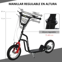 HOMCOM Patinete Infantil de +5 Años con Manillar Ajustable en Altura y Estructura de Acero Carga 100 kg 120x58x75-80 cm Negro(m-5)