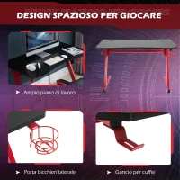 HOMCOM Scrivania da Gaming in Legno e Acciaio con Passacavi, Scrivania per Computer Portabicchieri e Gancio per Cuffie, Rosso e Nero,120x65x74.5cm(m-5)