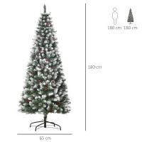 HOMCOM Albero di Natale Innevato Artificiale 180cm con Bacche Rosse e Pigne Bianche, Base Rimovibile Pieghevole, 618 Rami(m-3)