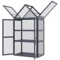Outsunny Frühbeet Mini Gewächshaus 3 Ebenen Treibhaus Pflanzenbeet mit aufklappbarem Dach Doppeltüren aus Holz Polycarbonat wetterfest Natur 70,5 x 42 x 132 cm(m-9)