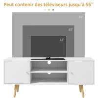 HOMCOM Meuble TV style scandinave 2 portes 2 niches passe-fils piètement bois pin panneaux blanc - 120 x 34 x 50 cm blanc(m-7)