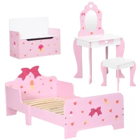 ZONEKIZ 4PCs Kids Bedroom Furniture Set with Bed, Toy Box Bench, Dressing Table and Stool, Princess Themed, for 3-6 Years Old, Pink(m-1)