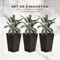Outsunny Conjunto de 3 Macetas Cuadradas para Plantas Flores 3 Maceteros con Efecto de Símil Ratán para Jardín Terraza Interior y Exterior 36,5x36,5x61 cm Marrón(m-5)