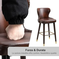 HOMCOM Set 2 Sgabelli da Bar Alti in Stile Industriale con Schienale e Poggiapiedi, Seduta in Finta pelle e Gambe in Legno, Sgabelli Vintage per Cucina e Ristorante, 52x53x101cm(m-4)