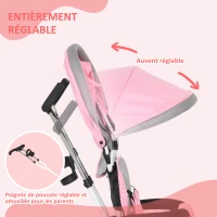 HOMCOM Tricycle Enfant évolutif Pare-Soleil Pliable Canne télescopique Amovible 95 x 50 x 106 cm Acier Rose(m-6)